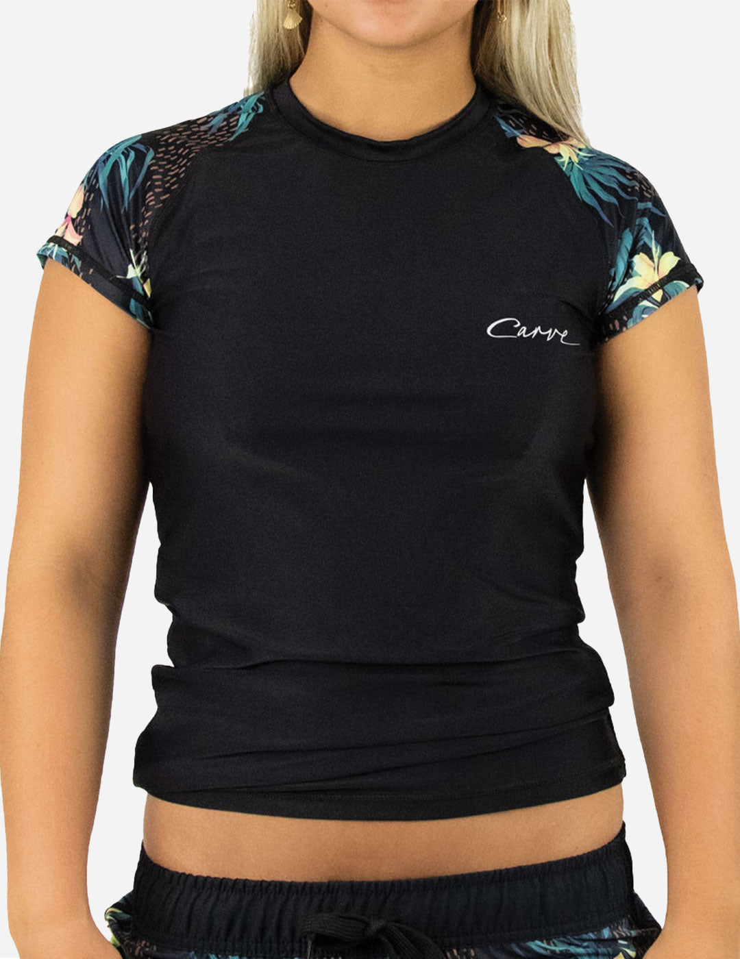 Calypso - Women's Cap Sleeve Rash Vest - Black Floral