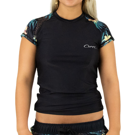 Calypso - Girls Cap Sleeve Rash Vest - Black Floral