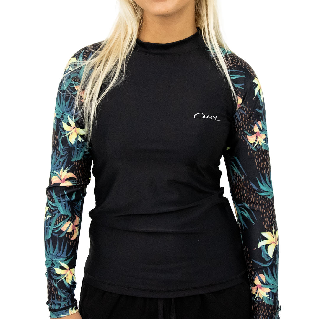 Cslypso Girls Long Sleeve Rash Vest - Black Floral