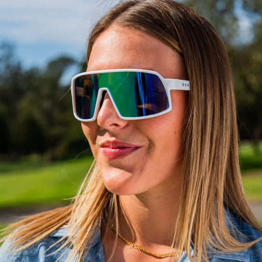 Sierra HD - Frame: Gloss White <br> Lens: Rose with External Blue Iridium