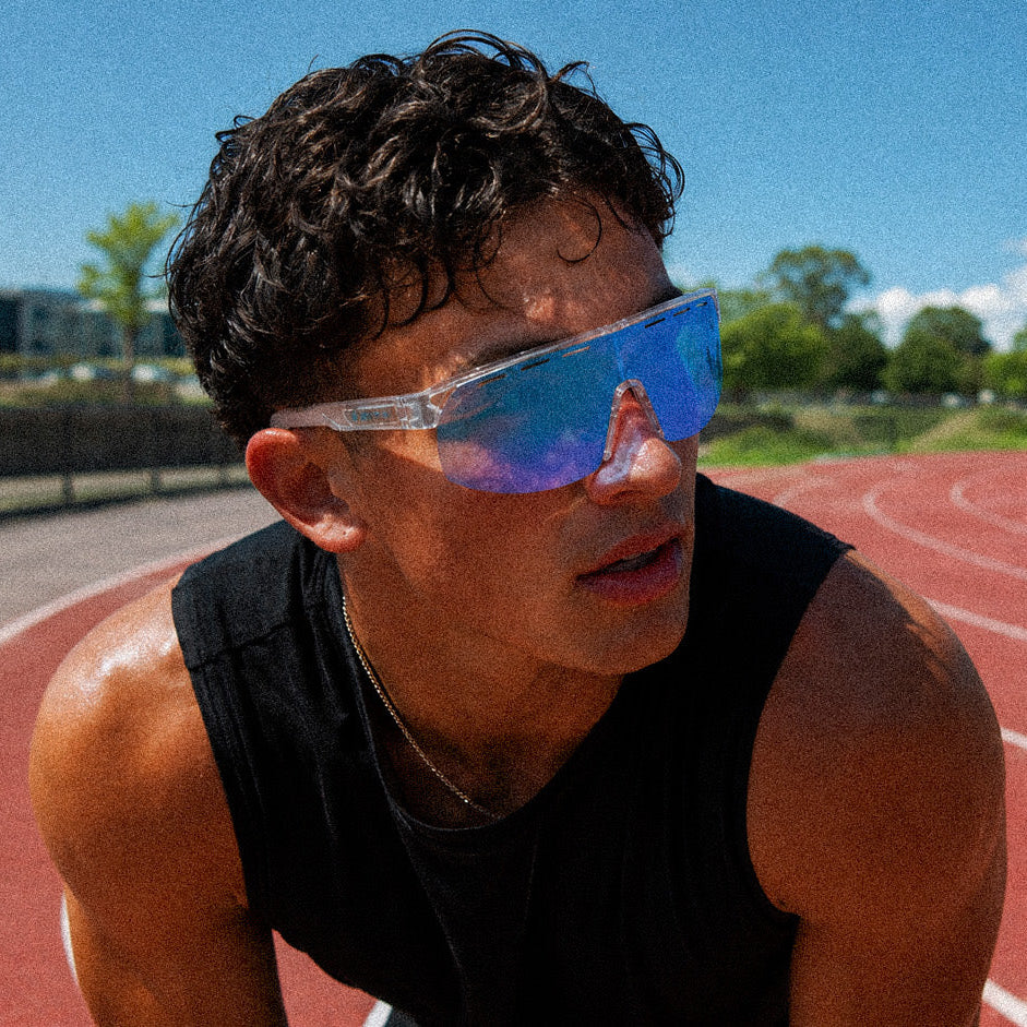 VELOCITY - CLEAR FRAME, GREY LENS WITH BLUE IRIDIUM PLUS VENTING
