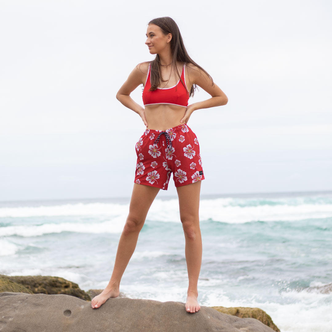 Roselle - Women's Elastic Waist Boardshorts - Red